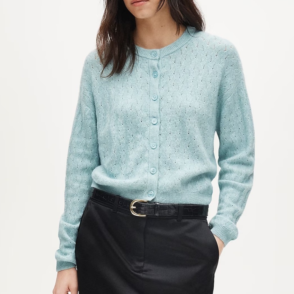 J crew heather sapphire Supersoft pointelle bubble-hem cardigan